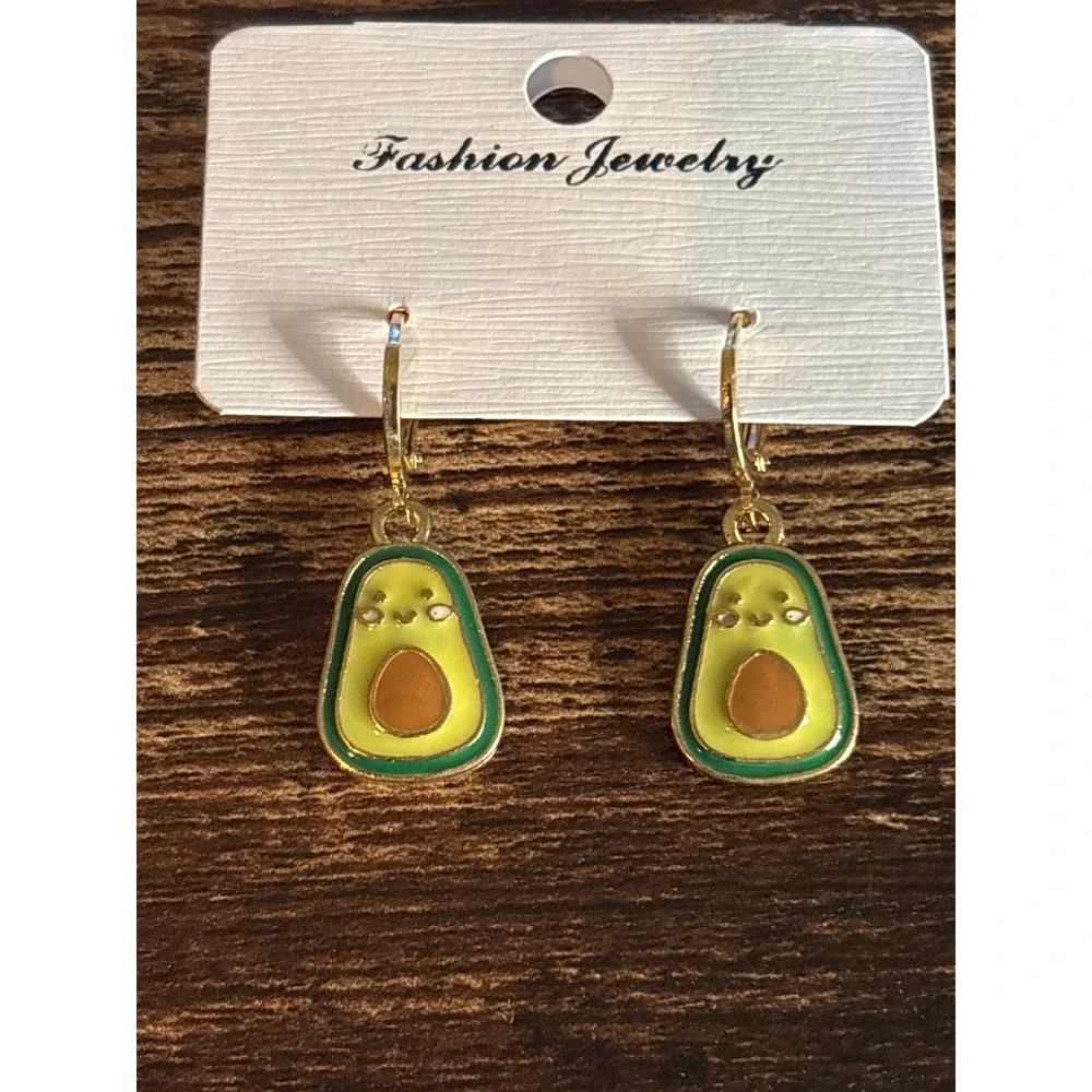 Kawaii Avocado Enamel Dangle Earrings Gold Tone Fruit Foodie Lever Back Hoops